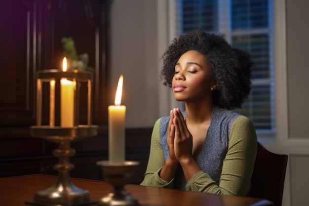 Beautiful young woman praying at home