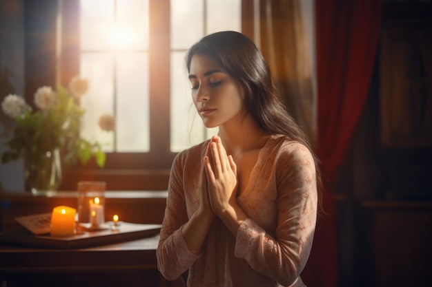 Beautiful young woman praying at home