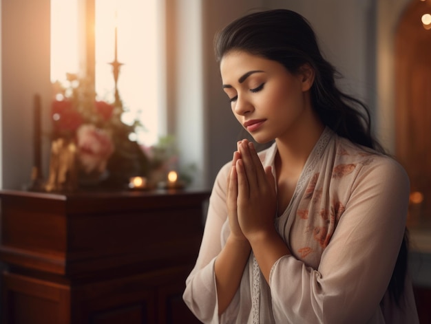 Beautiful young woman praying at home