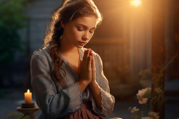 Photo beautiful young woman praying at sunset closeup