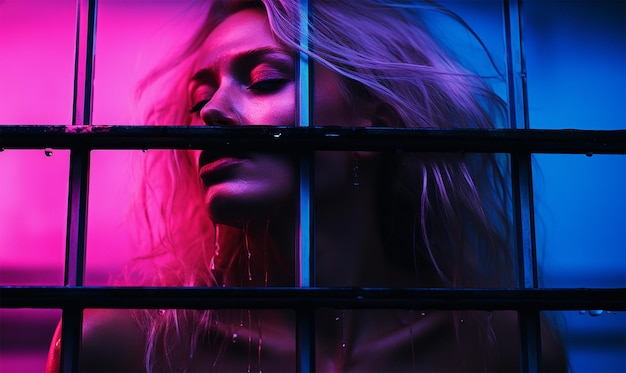 Beautiful young woman in a prison cell Portrait of a girl in neon light