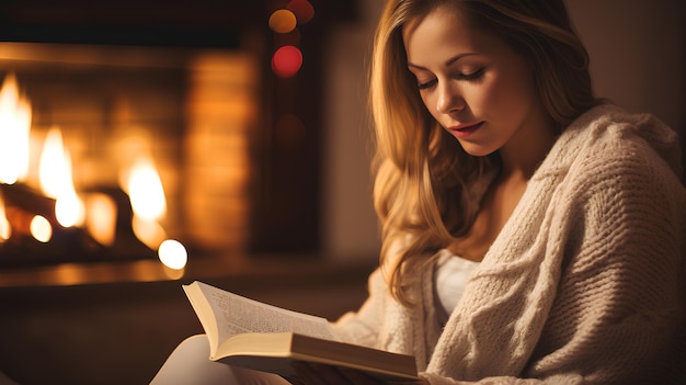 겨울의 아늑한 가정 분위기에서 벽난로 옆에서 책을 읽는 아름다운 젊은 여성