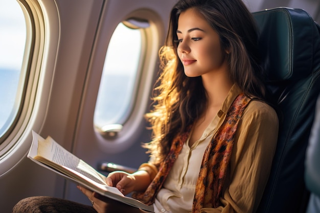 beautiful young woman reading a book while sitting at the airplane window