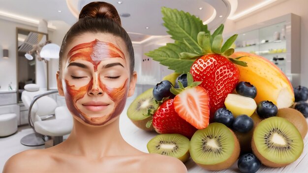Photo beautiful young woman receiving fruit mask on a face in beauty salon