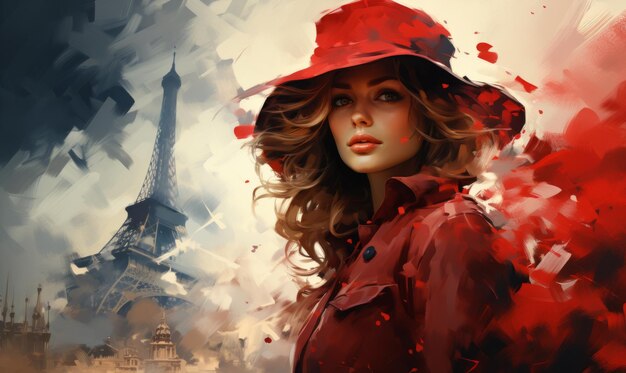 パリの赤いベレットと赤いコートを着た美しい若い女性 レトロフランスのスタイルの若いフランス人女性が パリの小さな通りでエッフェル塔の背景に立っています