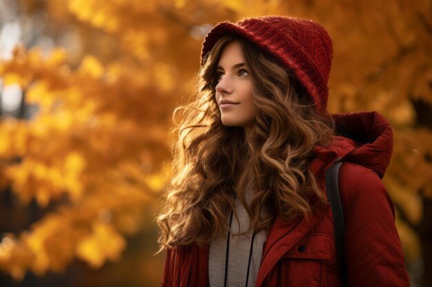 beautiful young woman in red coat and red hat in autumn park