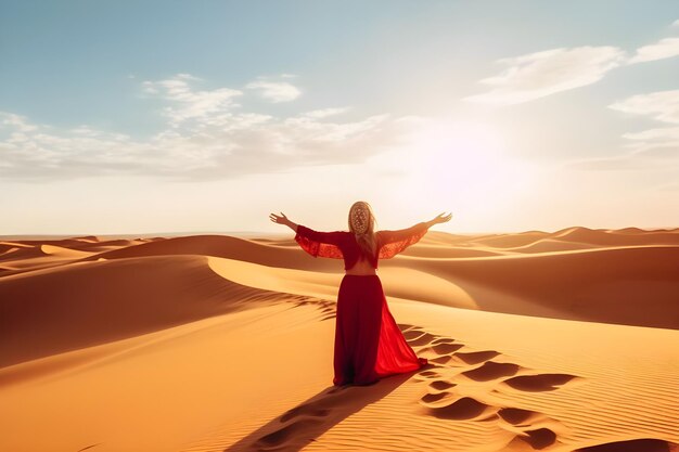 赤いドレスを着た美しい若い女性が砂漠に立って夕暮れを見ています