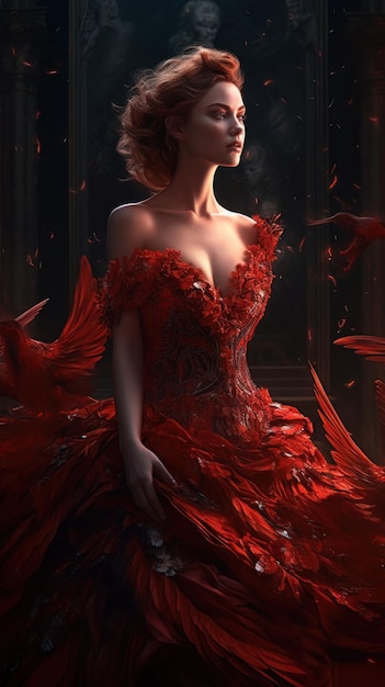 Beautiful young woman in red dress with flying red feathers over dark background Generative AI