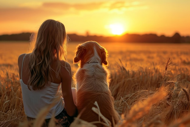 Beautiful young woman relaxed and carefree enjoying a summer sunset with her lovely dog