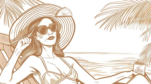해변에서 휴식을 취하는 아름다운 젊은 여성 그녀는 모자와 선글라스를 입고 손에 술을 들고 있습니다