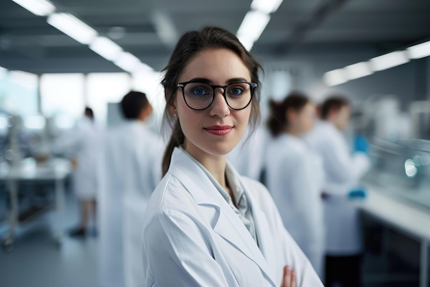 Foto bella giovane scienziata che indossa un cappotto bianco e occhiali in un moderno laboratorio di scienze mediche