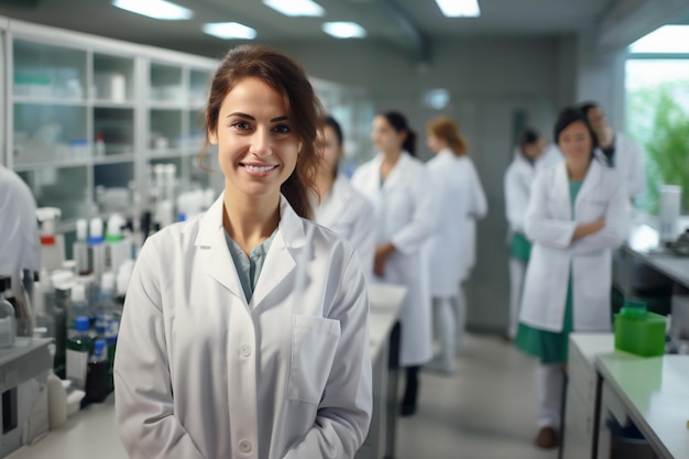 Beautiful young woman scientist wearing white coat and glasses in modern Medical Science Laboratory