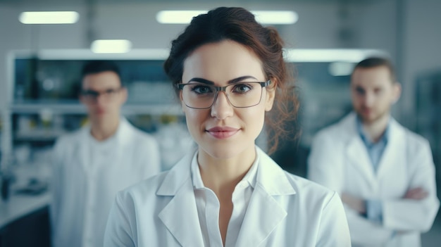 Beautiful young woman scientist wearing white coat and glasses in modern Medical Science Laboratory