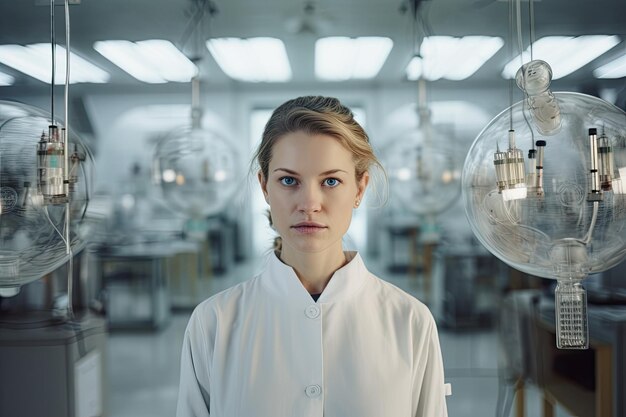 Beautiful young woman scientist wearing white coat in medical science laboratory