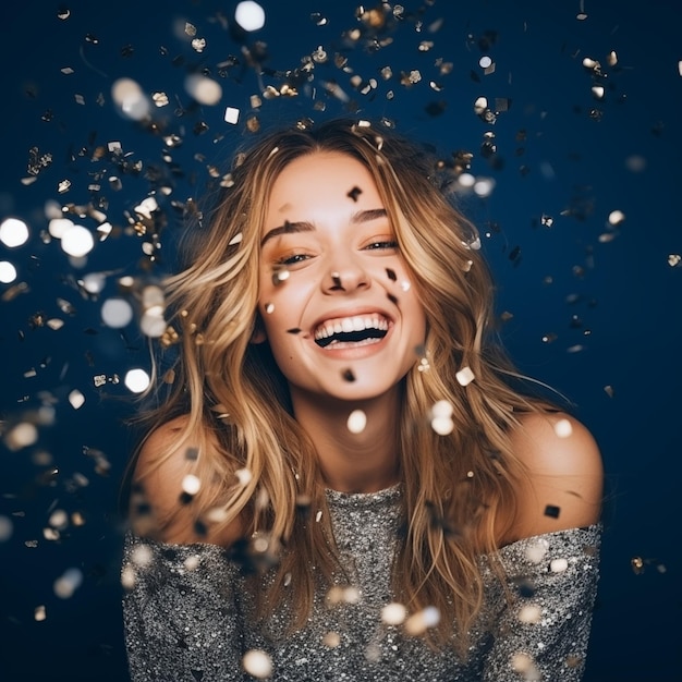 Photo beautiful young woman in sequined dress having fun on new year party happy pretty lady dancing and