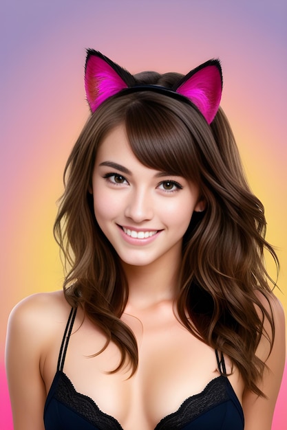 Beautiful young woman in sexy lingerie with cat ears on colorful background