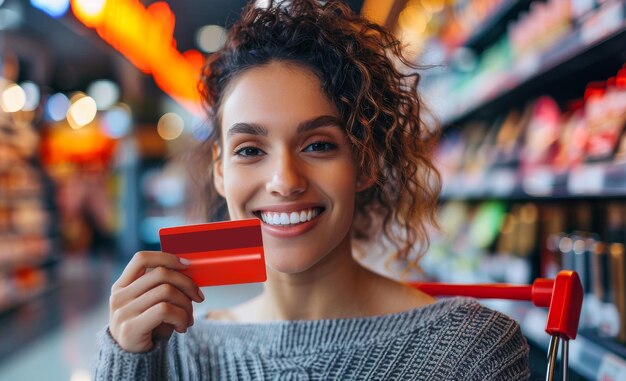 사진 아름다운 젊은 여성이 식료품 가게에서 쇼핑하고 신용 카드를 들고 있습니다.