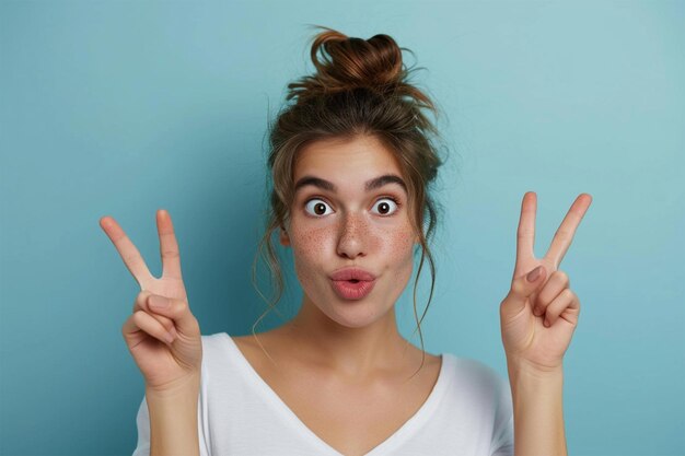 Foto bella giovane donna che mostra il segno della pace