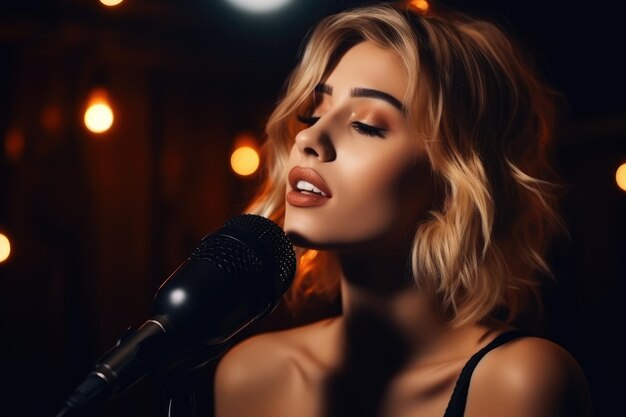 Photo beautiful young woman singing into a microphone beauty fashion a beautiful young woman sings into a microphone on a dark background ai generated