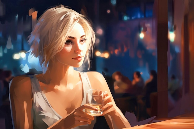 Beautiful young woman sitting at a bar with a glass of whiskey in a luxurious interior Blurred background A woman is relaxing in a bar with a glass