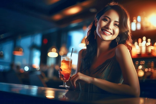 Beautiful young woman sitting at a bar with a glass of whiskey in a luxurious interior Blurred background A woman is relaxing in a bar with a glass