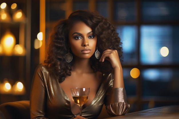 Beautiful young woman sitting at a bar with a glass of whiskey in a luxurious interior blurred background a woman is relaxing in a bar with a glass