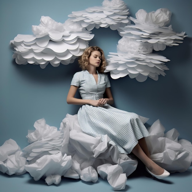 Beautiful young woman sitting on crumpled paper with white clouds