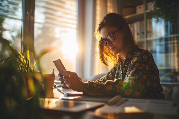 Photo beautiful young woman sitting at the desk in a home office and using a smart phone