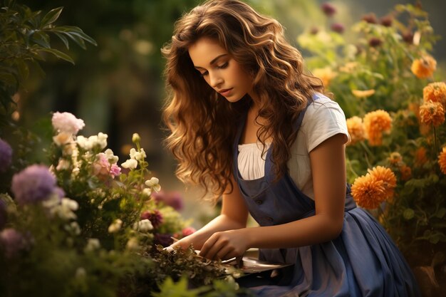 Foto bella giovane donna seduta in giardino e prendersi cura dei fiori ai generato