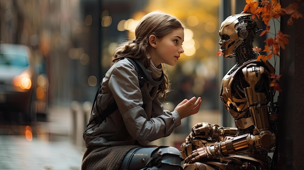 Beautiful young woman sitting in the street next to the robot