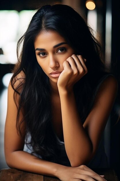 Photo a beautiful young woman sitting on top of a wooden table