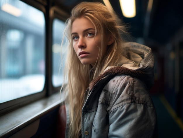 a beautiful young woman sitting on a train looking out the window