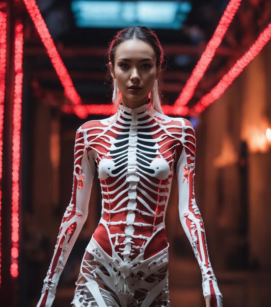 Beautiful young woman in skeleton costume posing ai generative