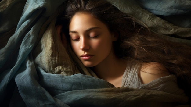 어두운 배경에서 잠을 자는 아름다운 젊은 여성