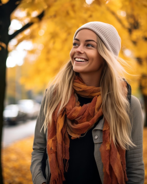 a beautiful young woman smiling in the fall