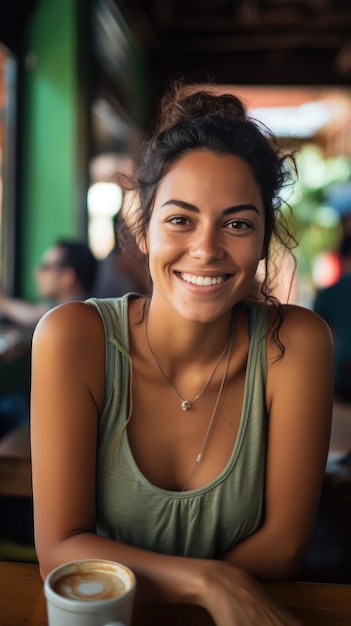 Photo a beautiful young woman smiling happily sitting in a cafeteria looking at the camera