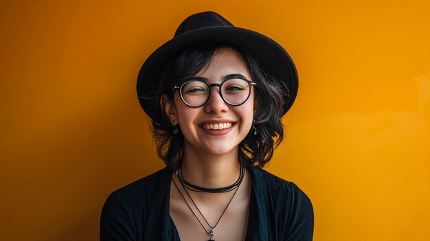 Beautiful young woman smiling in hat and black clothes and wearing glasses