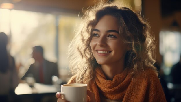 Foto una bella giovane donna sorridente che tiene una tazza di caffè bevente in una caffetteria