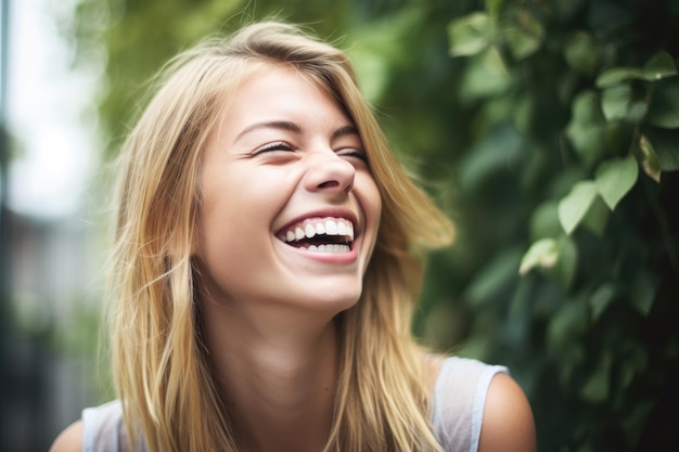 Foto una bella giovane donna sorridente giocosamente creata con l'intelligenza artificiale generativa