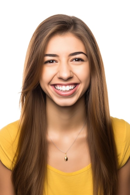 Photo beautiful young woman smiling while isolated on a white background created with generative ai