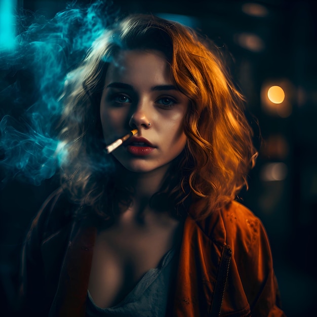 Beautiful young woman smoking a cigarette in the city at night