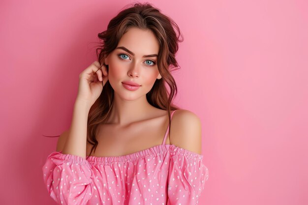 beautiful young woman standing against pink background