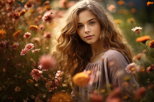 A beautiful young woman standing in a field of flowers