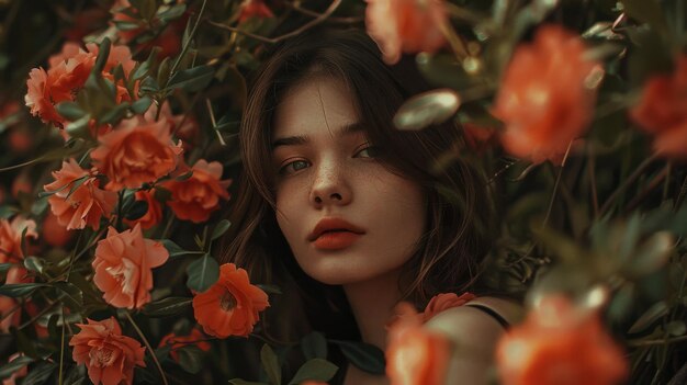 A beautiful young woman standing in front of a bush of flowers