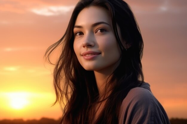 Beautiful young woman standing in front of stunning sunset