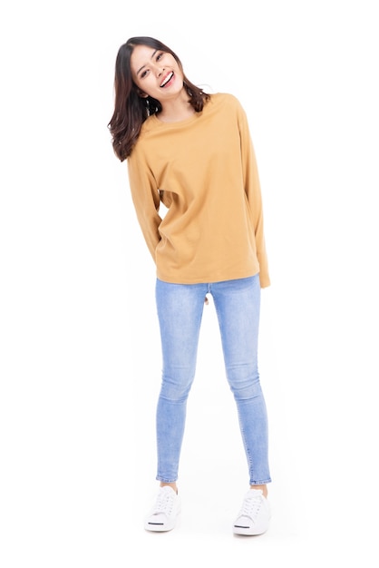 Photo beautiful young woman standing in full body in casual wear , mixed race asian caucasian girl. happy face, a confident, beautiful woman isolated on a white background.