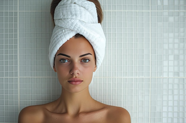 사진 그녀의 머리에  테리 수건과 함께 샤워 후 욕실에 서 있는 아름다운 젊은 여성
