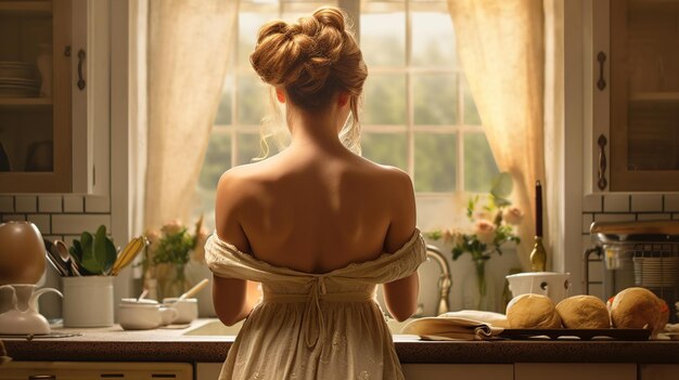 Beautiful young woman standing in the kitchen at home back view