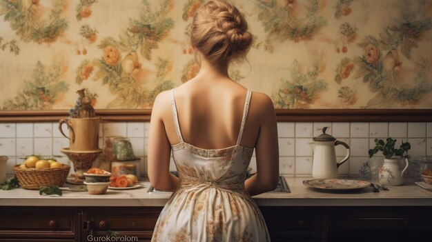 Beautiful young woman standing in the kitchen at home back view