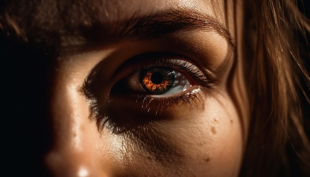 인공지능에 의해 생성된 갈색 눈으로 카메라를 감각적으로 쳐다보는 아름다운 젊은 여성